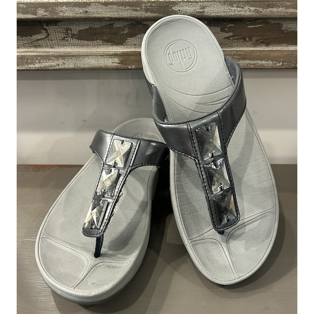 FitFlop Pietra Pewter Rhinestone Toe-Post Leather Sandals Womens Size 7 EUR 38‎